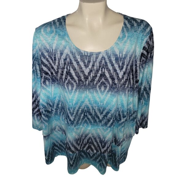 Catherines 2X 22/24W Blue & Gray Ikat Print 3/4 Sleeve Tunic‎ Top layered summer - Picture 1 of 4
